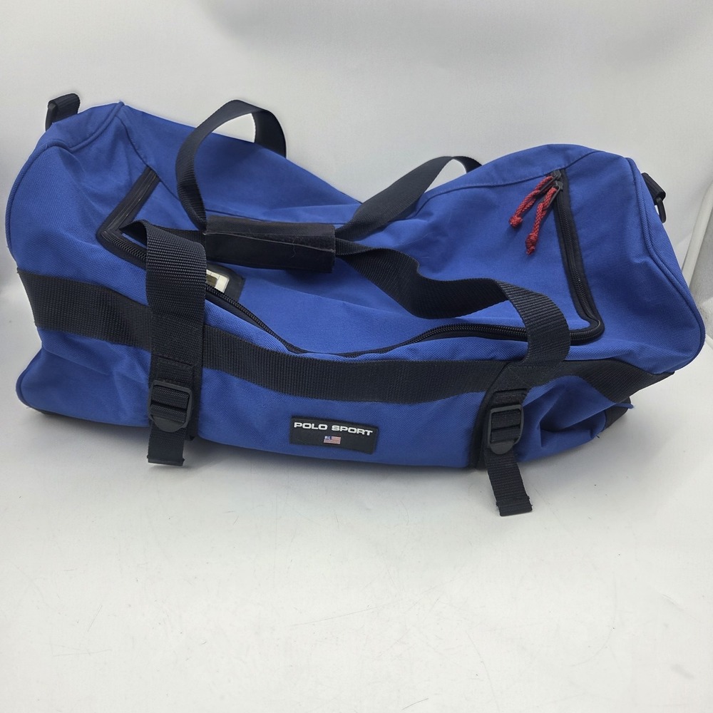 Vintage 90s Polo Sport Ralph Lauren Duffle Bag Blue Black RL Flag Gym Travel